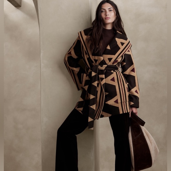 NWT Banana Republic Vilama Print Fall Wool Wrap Coat in Malbec Rad/Tan Size M/L - Picture 1 of 12